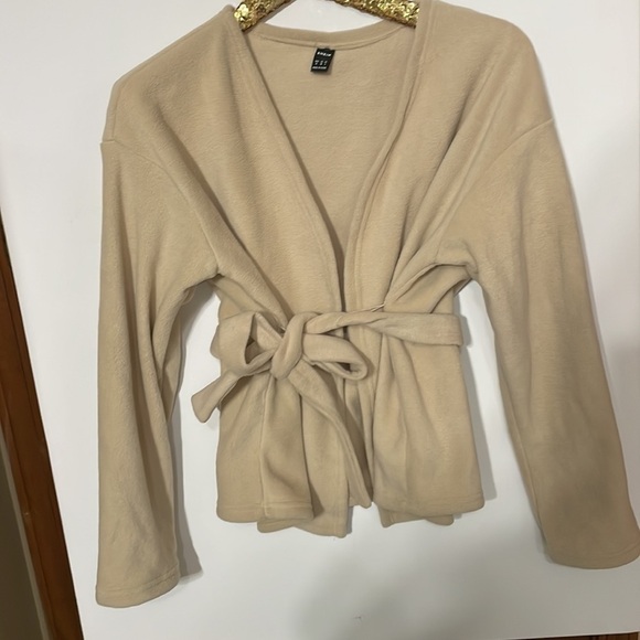 Beige Medium Fleece  Wrap Tie Jacket - Picture 5 of 12